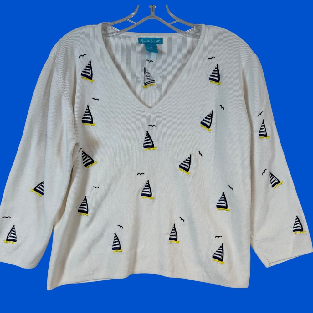 Alexandra Bartlett Women XL White Cotton Ribbed Nautical Sailboat V-Neck Sweater